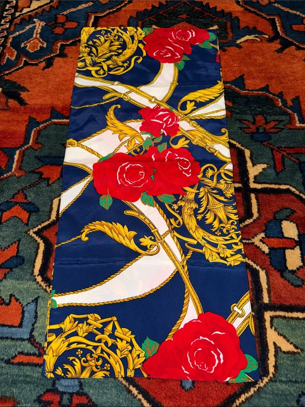 Vintage 80s/90s Baroque Maximalist Silk Scarf Royal Blue Gold Chain Red Roses